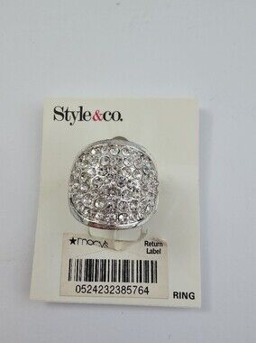 NWT Style & Co Silver Tone Domed Pavé Crystal Stretch Cocktail Ring